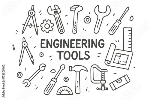 Engineering Tools Doodle. Engineering Tools. Hand-drawn doodle illustration of Engineering Tools. compass,