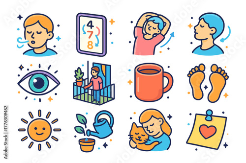 Mindful Gaming Icons. Mindful gaming breaks. Colorful isometric vector icons set of Mindful gaming breaks: deep breath icon, ?? breathing card, quick stretch