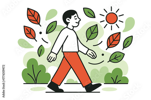 Mindful Park Stroll. Nature mindfulness. A person walking calmly in a park, abstract floating geometric leaves