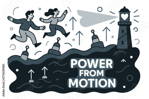 Tidal Energy Scene. Tidal & wave energy. Floating buoys bounce with the swell as arrows rise from waves; ?Power from motion? glows. A lighthouse beams a