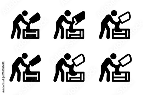 Concrete Truck Logos. Concrete truck drivers delivering materials to sites. Set Logo of delivery chute pouring into formwork: Filled silhouette, Negative