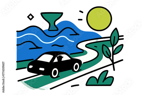 Coastal Highway Dreamscape. Ocean drive. A car glides along a coastal highway with glowing abstract lines