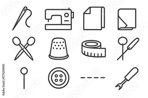 Sewing Tools Icon Set. Seam. Line icon set of seam: needle, thread, sewing machine, fabric fold, scissors, thimble, measuring tape, pin, button, stitch line,