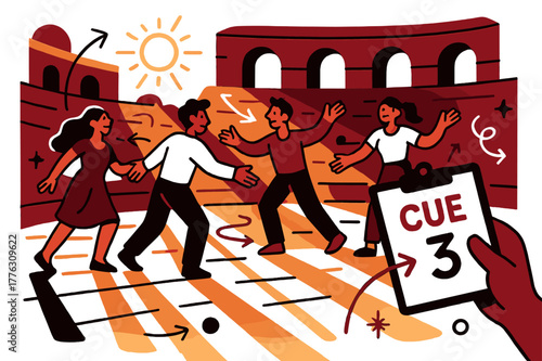 Golden Hour Rehearsal. Amphitheater ? Golden Hour Rehearsal. Performers block scenes with relaxed focus; sun streaks carve long shadows on the stone floor.