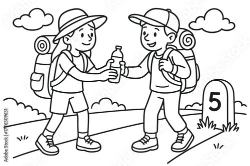 Travelers Sharing Kindness. Gratitude and kindness on the road children?s coloring book illustration, outlined drawing, travelers sharing water and helping