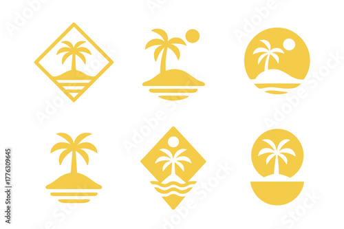 Tropical Escape Logos. Island. Set Logo of Tropical Escape: Abstract geometric, Filled silhouette, Negative space, Flat solid, Symmetrical form, Stylized