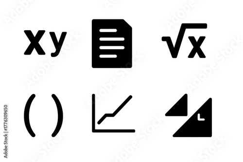 Algebra Icon Set. Algebra basics. Filled icon set of algebra basics: x and y variables, equation sheet, square