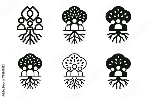 Family Stories Logos. Telling family stories at a gathering. Set Logo of Telling family stories at a gathering: family tree with roots. Icon set. harmonious