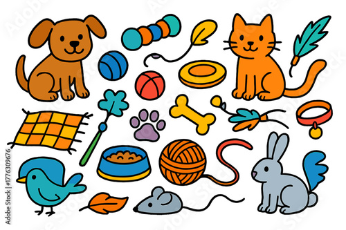Colorful Pet Doodle. pets and toys. Colorful Hand-drawn doodle Children illustration pets and toys dog, cat, ball, chew toy, yarn, mouse toy, frisbee, bone,