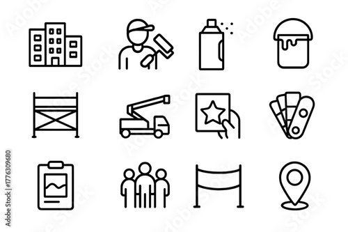 City Mural Icon Set. City Mural Painting Events. Line icon set of City Mural Painting Events: city wall facade, artist with roller, spray can, paint bucket,