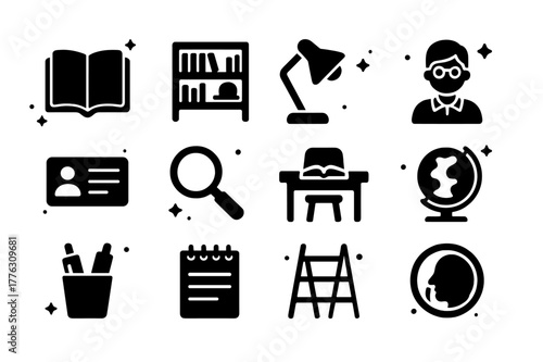 Library Icons Collection. Reading at the Library. Solid icons set of Reading at the Library: open book, library shelf, desk lamp, librarian, library card,