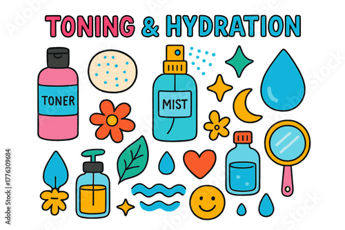 Colorful Skincare Doodle. Toning & Hydration. Colorful Hand-drawn doodle Children illustration Toning & Hydration toner bottle, cotton pad, mist spray, water