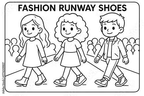 Kids' Fashion Runway. Fashion runway shoes children?s coloring book illustration, outlined drawing, models