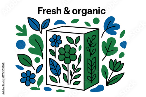 Eco-Friendly Package Design. Nature vibe package design with flowers and plants. A product box surrounded by