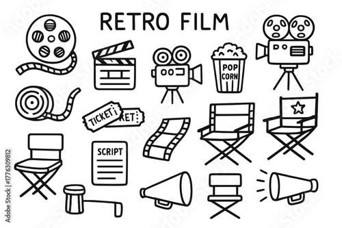 Retro Film Icons. Retro Film. Hand-drawn doodle illustration Retro Film film reel, movie tape, clapperboard, projector, camera, popcorn, director?s chair,