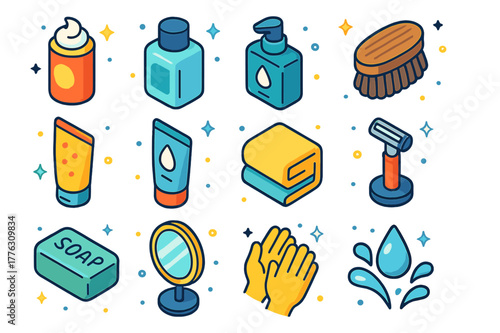 Men's Skincare Essentials. Men?s skincare hygiene. Colorful isometric vector icons set of Men?s skincare hygiene: shaving cream, aftershave balm,