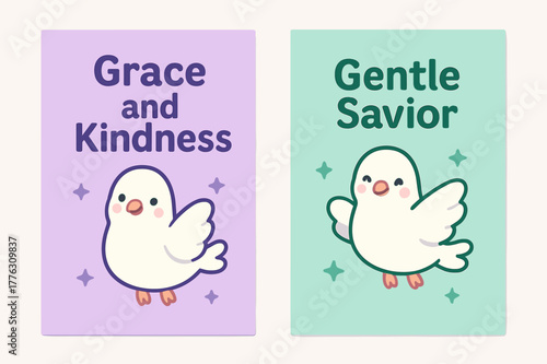 Kawaii Dove Banners. Grace. Two vertical A6 banners with safe margins, centered composition, no elements touching edges, kawaii, lilac and mint, smiling dove,