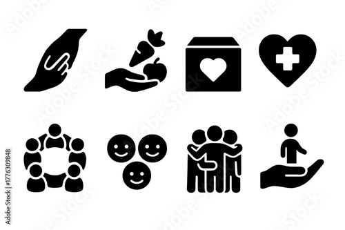 Community Icon Set. Community and compassion. Filled icon set of community and compassion: helping hand, food