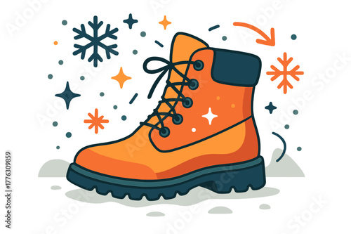 Winter Fashion Illustration. Boot. Snow boots on snowy background with abstract floating snowflakes, icons, and sparkles; conveys winter, warmth, and outdoor