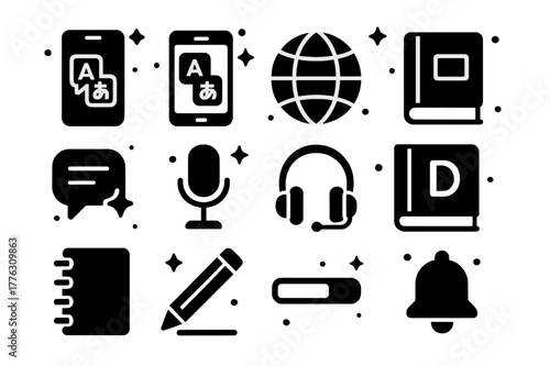Digital Language Icons. Digital Language Learning. Solid icons set of Digital Language Learning: smartphone, app interface, globe, book, chat bubble,