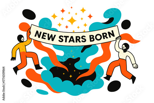 Cosmic Birth Celebration. Cosmic Birth Announcement. Tiny star icons pop like confetti from a glowing cradle of gas; a banner reads ?New Stars Born.? Dust