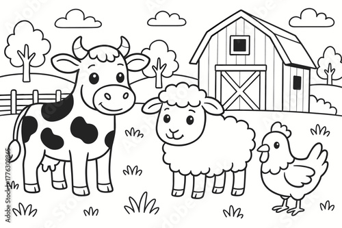 Farm Animal Coloring. Farm animals children?s coloring book illustration, outlined drawing, cow, sheep, and chicken near a barn in the countryside, educational
