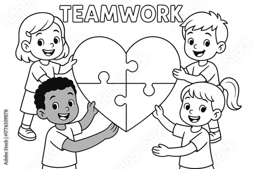 Kids Form Heart Puzzle. Teamwork puzzle children?s coloring book illustration, outlined drawing, cheerful kids each holding one puzzle piece and joining them