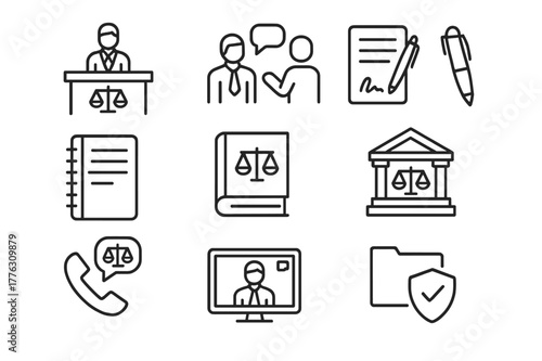 Legal Icon Set. Legal Consultation. Line icon set of Legal Consultation: lawyer desk, client conversation, contract, notepad, pen, law book, courthouse icon,