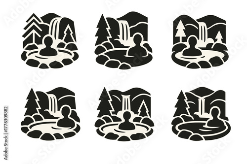 Hot Spring Logo Variations. A hot spring bath with a natural, serene landscape around it. Icon set. Set Logo of A hot spring bath with a natural, serene