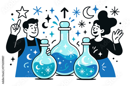 Magical Potion Brewing. Potion brewing. Glowing bottles with swirling liquids and floating symbols of stars,