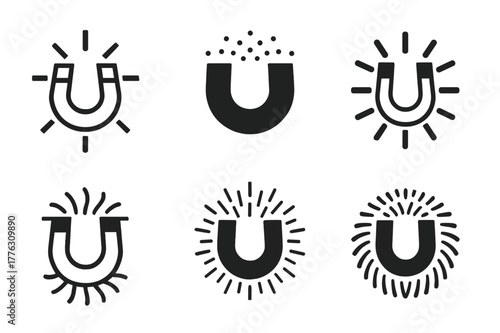 Science Experiment Logos. Teaching science experiments in schools. Icon set. Set Logo of teaching science experiments in schools: horseshoe magnet with iron