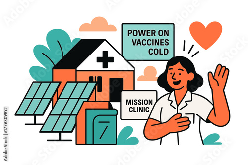 Solar Clinic Scene. Solar-Powered Mission Clinic. Panels tilt beside a small clinic with a cross sign; a screen shows ?Power On ? Vaccines Cold.? A grateful