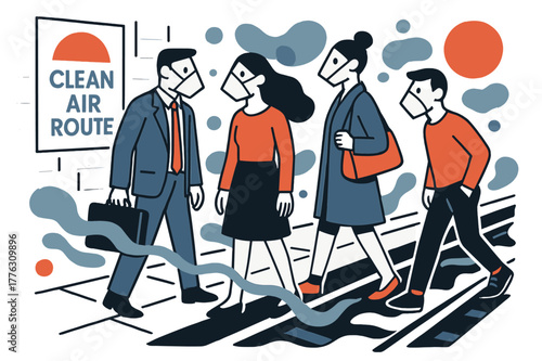 Masked Subway Commuters. Air pollution ? Subway platform masks. Commuters with crisp geometric masks wait as misty ribbons trail along the tracks. A poster