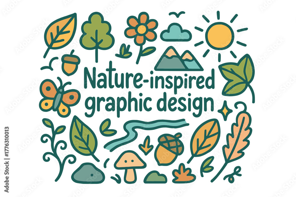 Naklejka premium Nature Doodle Design. Nature-inspired graphic design. Hand-drawn doodle illustration of nature-inspired