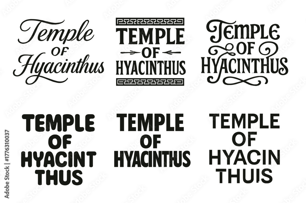 Obraz premium Temple Lettering Variations. Temple of Hyacinthus. Set lettering. harmonious lettering variations of the same emblematic concept, each with different artistic