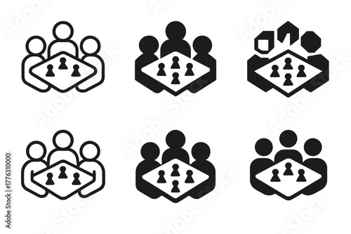 Logo Variations Grid. Friends gathering. Set Logo of friends gathering: board game table with shared pieces. Icon set. harmonious logo variations of the same