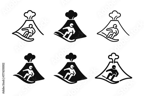 Volcano Boarding Logos. Volcano boarding. Set Logo of Volcano boarding: rider carving ash slope. harmonious logo variations of the same emblematic concept,