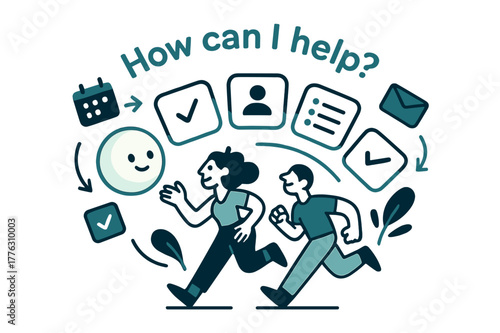 AI Assistant Orb. AI Assistants. A friendly orb with a subtle face projects task cards into a tidy arc; caption ?How can I help?? glows above. Floating