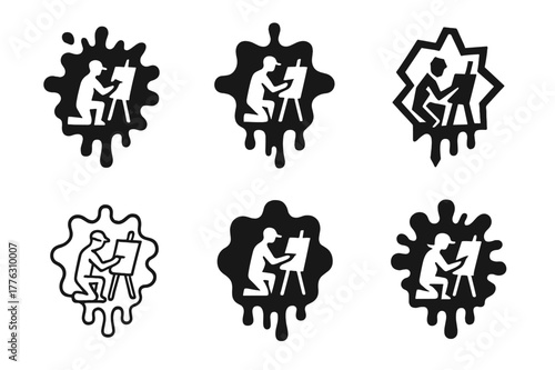 Street Art Logos. Street artist working on artwork. Set Logo of Street artist working on artwork: dripping paint splash symbol. Icon set. harmonious logo