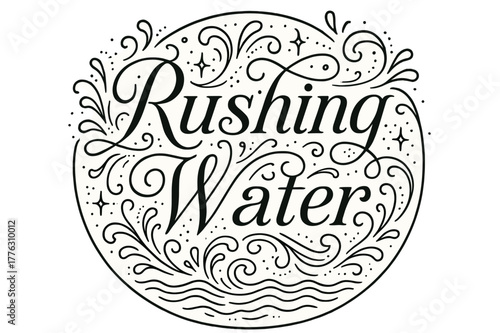 Dynamic Water Lettercrest. Rushing Water ? Flourish Lettering; classic ornamental serif with medium swashes and fluid curls; circular crest composition with a