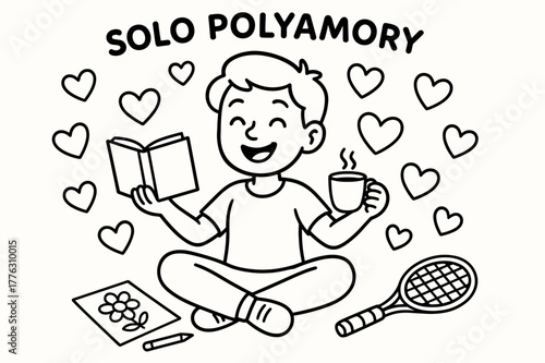 Solo Enjoyment Coloring. Solo polyamory children?s coloring book illustration, outlined drawing, happy person surrounded by hearts, enjoying solo activities,