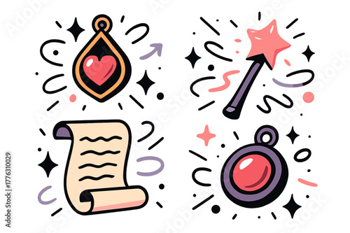 Magical Enchanted Artifacts. Floating artifacts. Glowing enchanted objects like amulets, wands, and scrolls