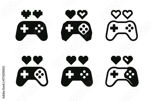 Gaming Logo Variations. Fan conventions and cosplay events. Set Logo of gaming corner: game controller with pixel hearts. Icon set. harmonious logo variations