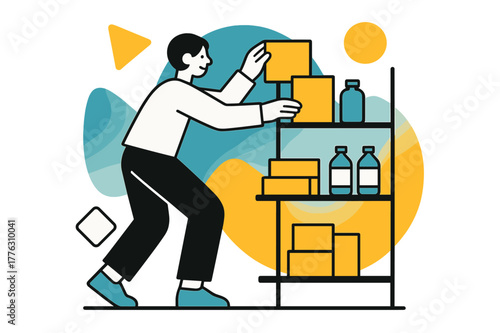 Geometric Supply Restock. Restocking Supplies. Person refilling supply shelves with floating abstract geometric shapes and soft light accents, organized and