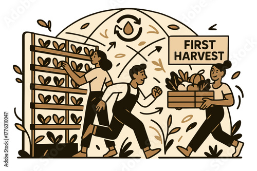 Hydroponic Farming Scene. Hydroponic dome farming. Rows of leafy greens rise in vertical racks; a water droplet icon loops through ?Recycle?. ?First harvest?