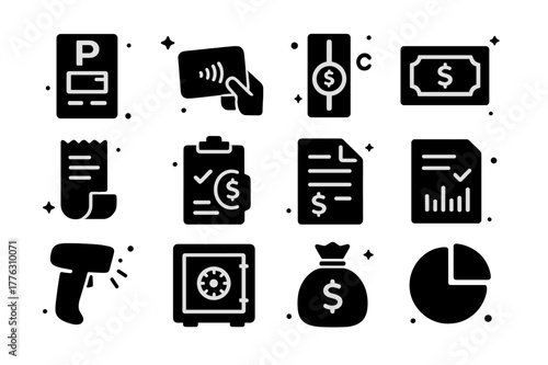 Parking Icons Set. Parking revenue management. Solid icons set of Parking revenue management: payment kiosk, contactless card, coin slot, banknote, receipt
