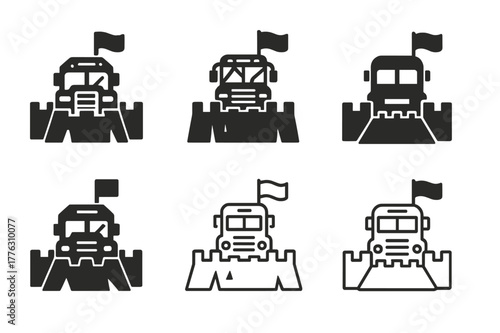 Fortified Convoy Logos. Post-apocalyptic societies. Set Logo of Post-apocalyptic societies: fortified bus convoy. Icon set. harmonious logo variations of the