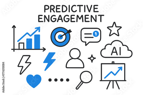 Predictive Engagement Doodle. // Predictive engagement. Hand-drawn doodle illustration Predictive engagement [graph forecast (accented), target (accented),