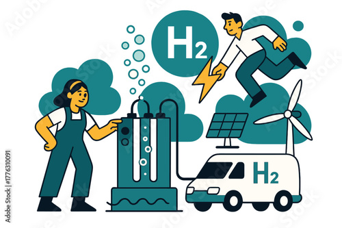 Green Hydrogen Innovation. Green Hydrogen Production. Electrolyzer stacks hum; bubbles lift into an ?H?? badge while a lightning icon feeds from solar and wind