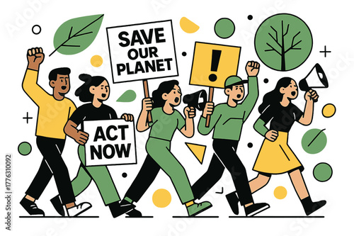 Energetic Environmental March. Environmental Protests. Wide view of environmental march with banners, megaphones, and floating abstract geometric shapes,